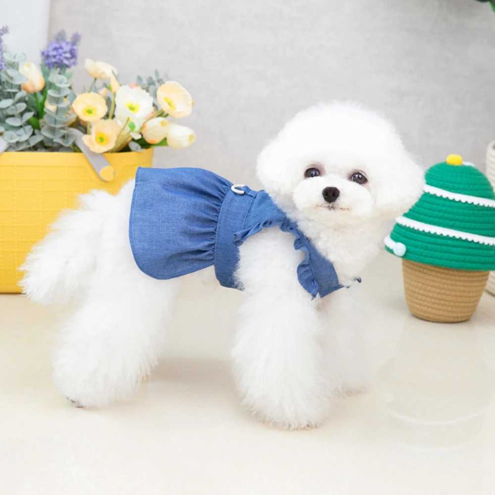 Dog Apparel Small Dog Dress With D-Ring Denim Dog Skirt Soft Tractable Jean Dress for Female Dog Apparel Doggie Sundress Pet Clothes