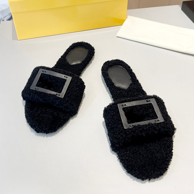 2024 Autumn Fur Integrated Flat Bottom Slippers for Women's Outdoor Metal Decoration Versatile Comfortable Soft Casual Shoes