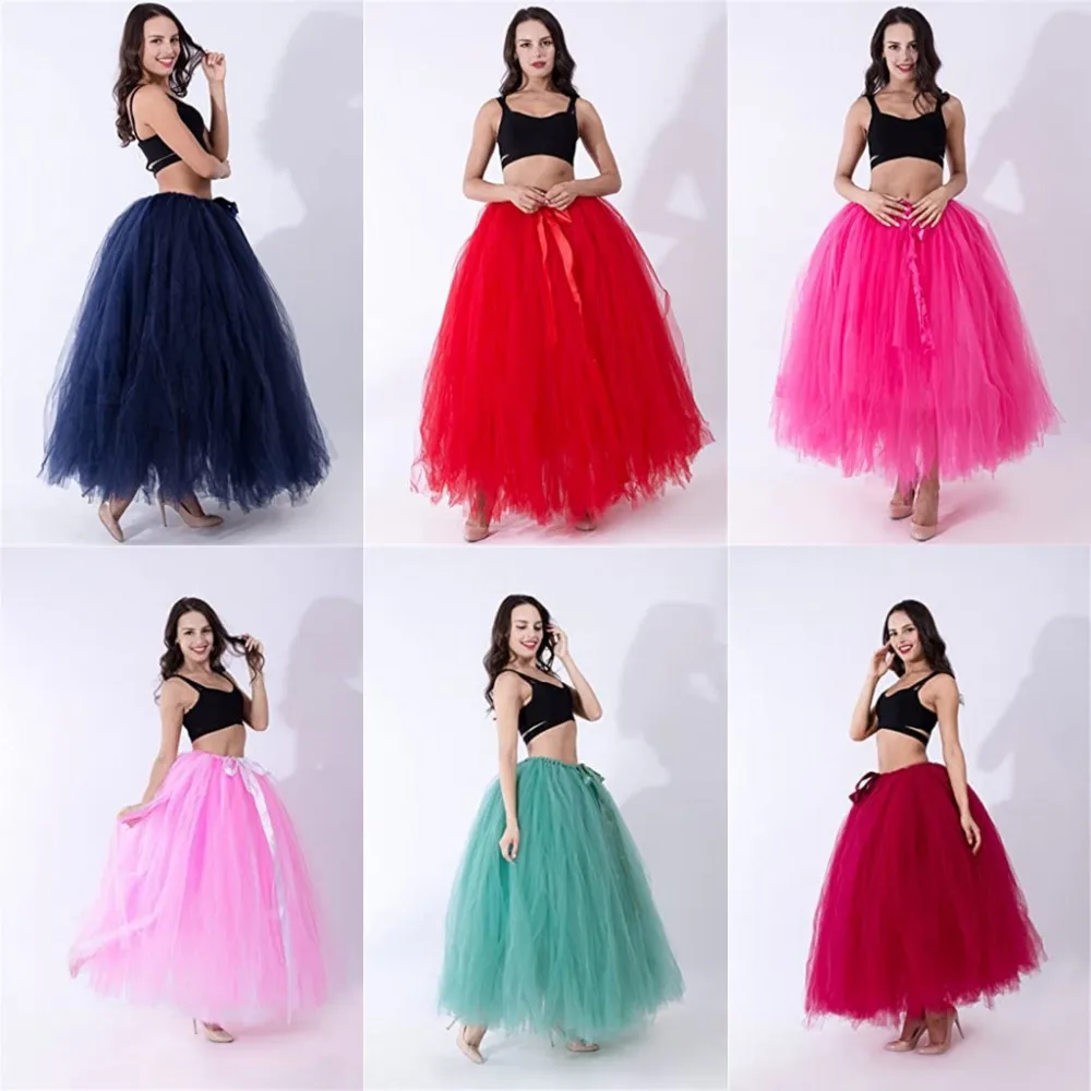 Estoque 6 camadas 100cm maxi saia longa de tule com faixas de fita princesa fada tutu saias femininas vintage vestido de anágua inchado cpa833 cpa1009