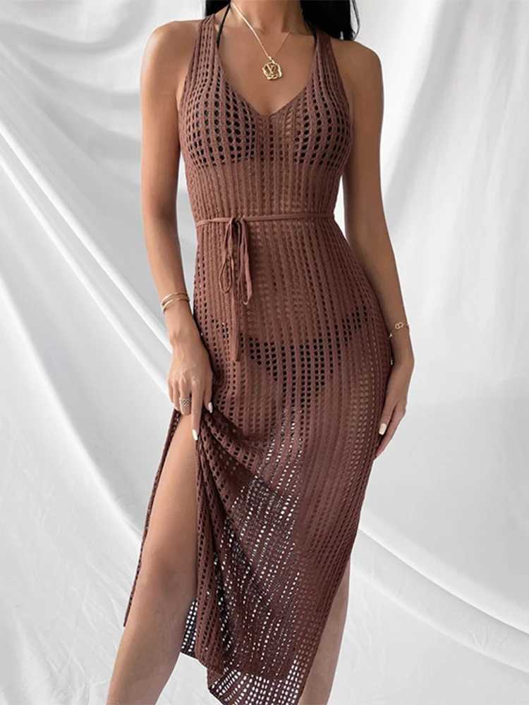 Vestidos casuais básicos crochê túnica de malha kaftan sexy sem costas colete oco robe longo vestido de praia ponto 2023 capa mulheres top natação j240130