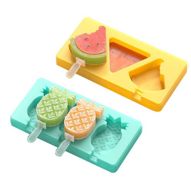 Glassverktyg Silikon Ice Cream Mold Popsicle Siamese Mögel med lock DIY Hemlagad Ice Lolly Mold Fruit Image Handgjorda kökverktyg YQ240130