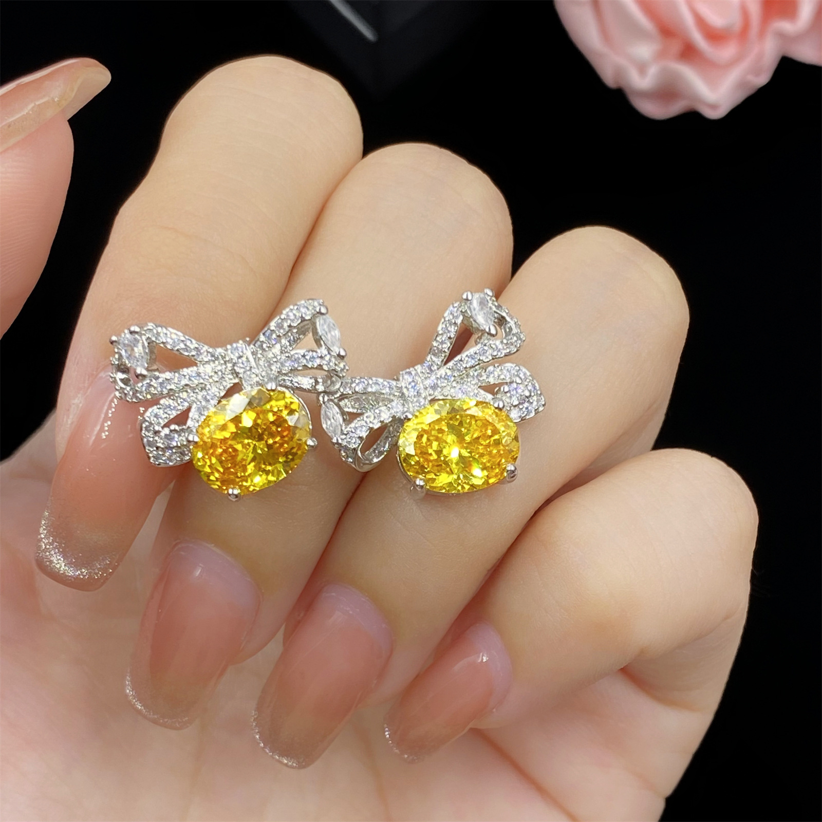Women Jewelry Bowknot Crystal Zircon Diamond white gold Plated Earrings studs Girlfriend Student Birthday Gift