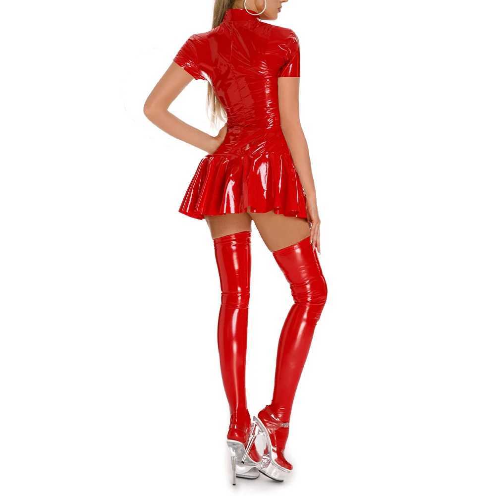 Sexy Set Frauen sexy nasse Look glänzend PVC Leder Bodycon Short Kleid kurzärmel Falten Nachtclub