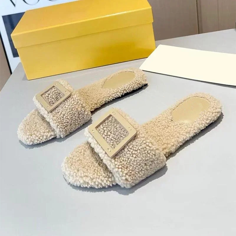 2024 Autumn Fur Integrated Flat Bottom Slippers for Women's Outdoor Metal Decoration Versatile Comfortable Soft Casual Shoes