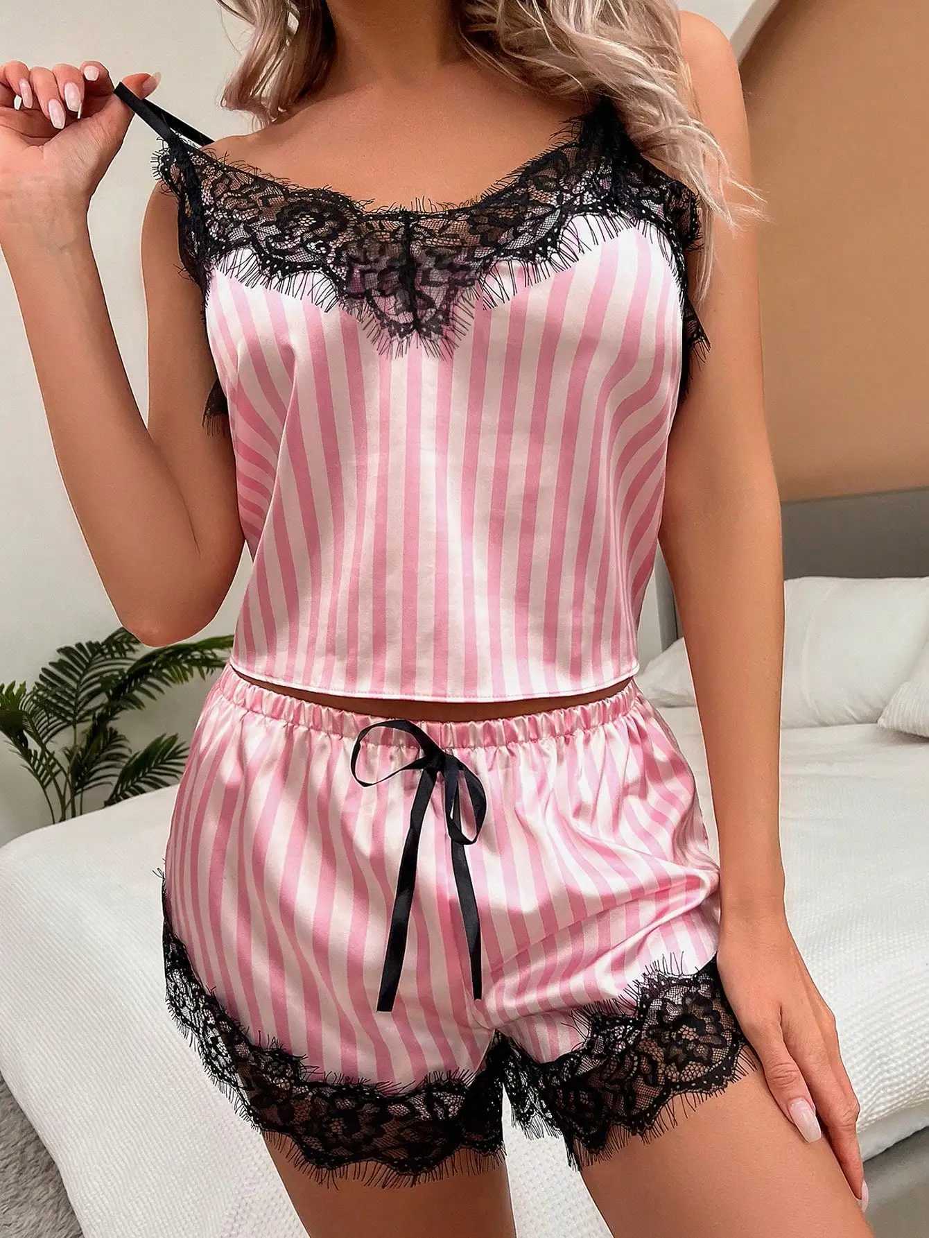 Other Panties New Sexy pajama set lace soft silk-like halter lingerie pink white vertical striped fun erotic sleepwear sexy women YQ240130