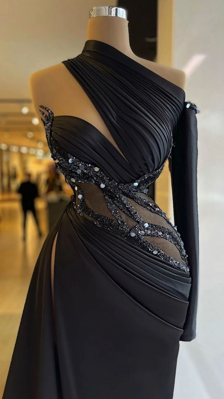 2024 섹시한 이브닝 드레스는 검은 색 원래 어깨 아라비아 레이스 아플리케 형 수정 구슬 인어 측면 분할 공식 무도회 파티 가운 구체적인 행사 긴 소매