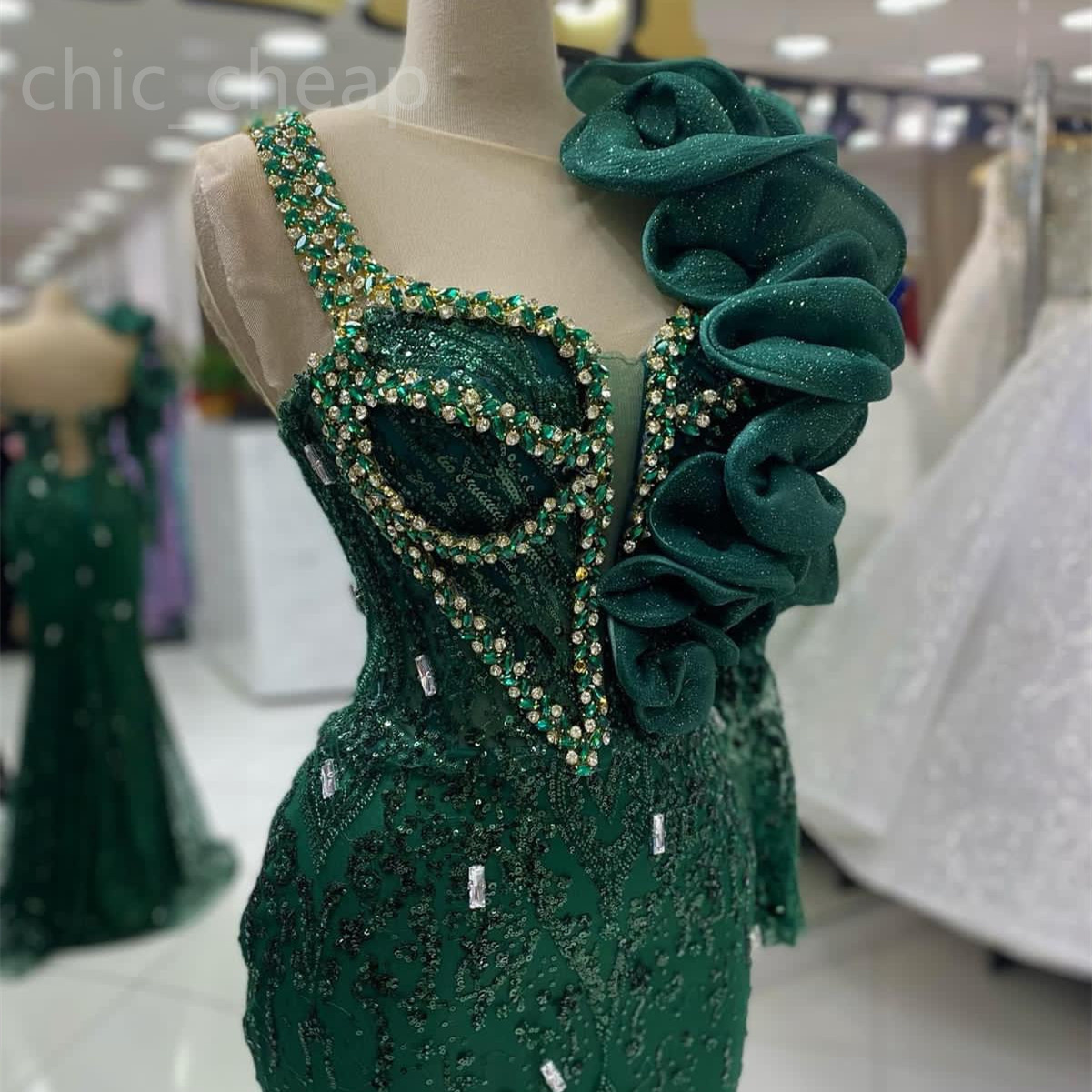 2024 ASO EBI Green foncé Sirène Prom Vobe Crystals Crystals Paille-soirée Lace Soirée Deuxième réception Robes de fiançailles d'anniversaire Robe de Soiree ZJ79