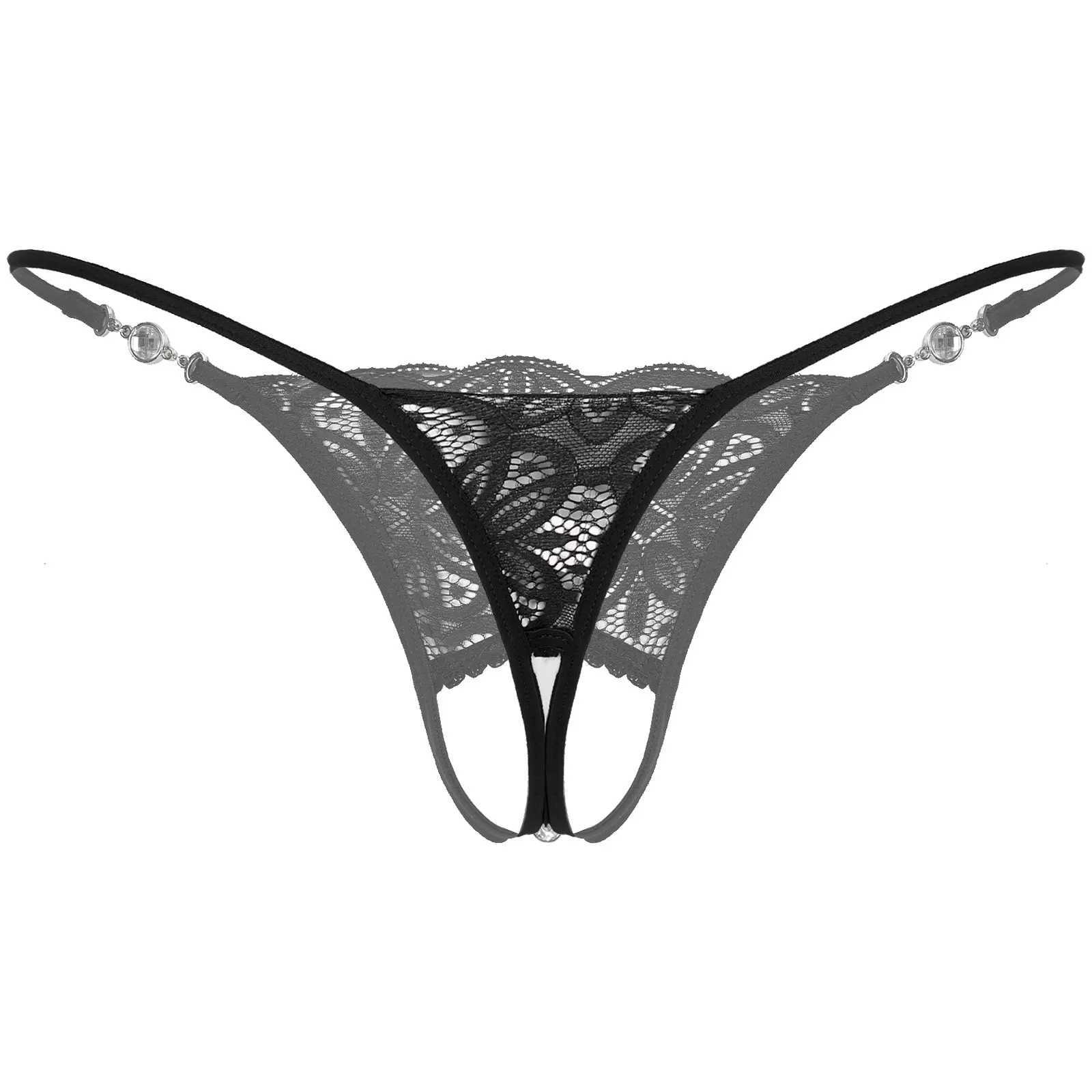 Andra trosor Mens underkläder Rhinestone Pendant Floral Lace G-String Sexig låg stigning Crotchless Thongs Sissy Male Gay Underwear Erotic YQ240130