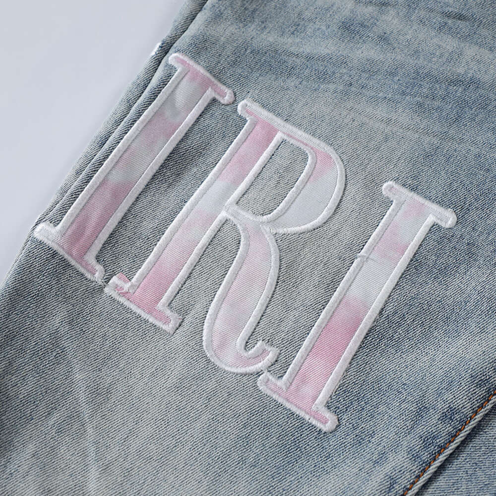 23SS Ny tvättade gamla skadade sido broderier rosa lapptäcke blå jeans