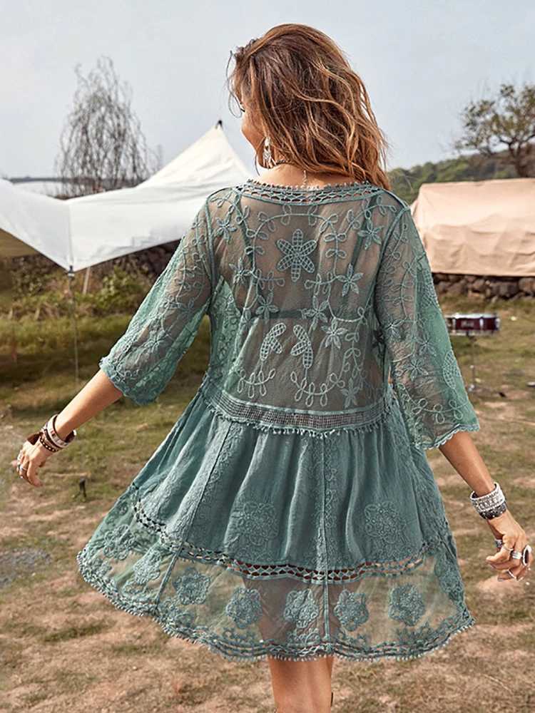 Basic Casual Dresses Fitting Deep V-neck Bohemian Beach Outdoor Transparent Sexy Lace Tuned Pareo Swimwear Summer Vintage Short Skirt Holiday Cover 2023 J240130