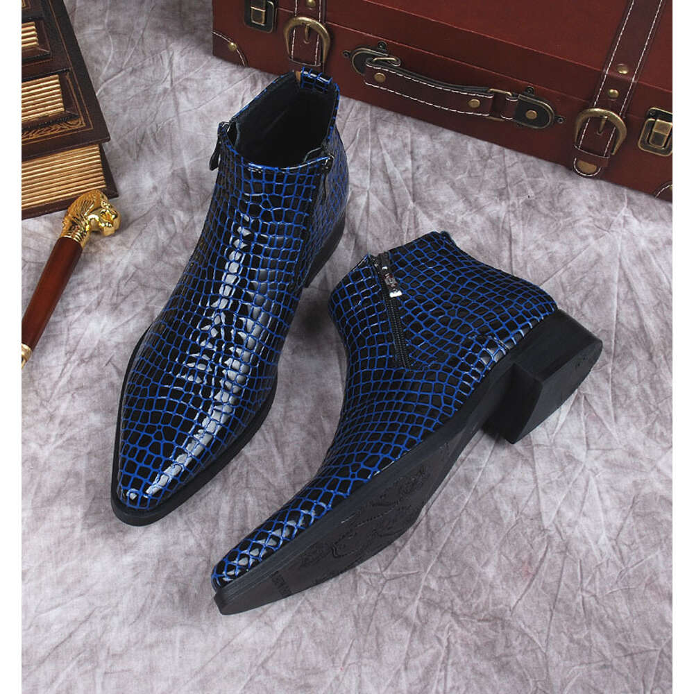 Ботильоны из натуральной кожи, черные, синие элегантные модельные ботинки с острым носком, итальянские формальные ботинки с крокодиловым узором, мужские туфли
