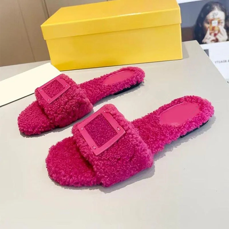 2024 Autumn Fur Integrated Flat Bottom Slippers for Women's Outdoor Metal Decoration Versatile Comfortable Soft Casual Shoes