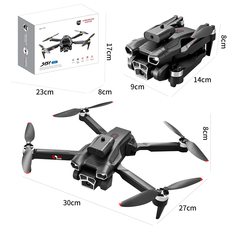 S151 Drone Brushless Motor UAV Optical Flow 8K HD Dual Camera Foldbar Quadcopter Hinder Undvikande ESC WiFi Dron RC Toys With LED Light