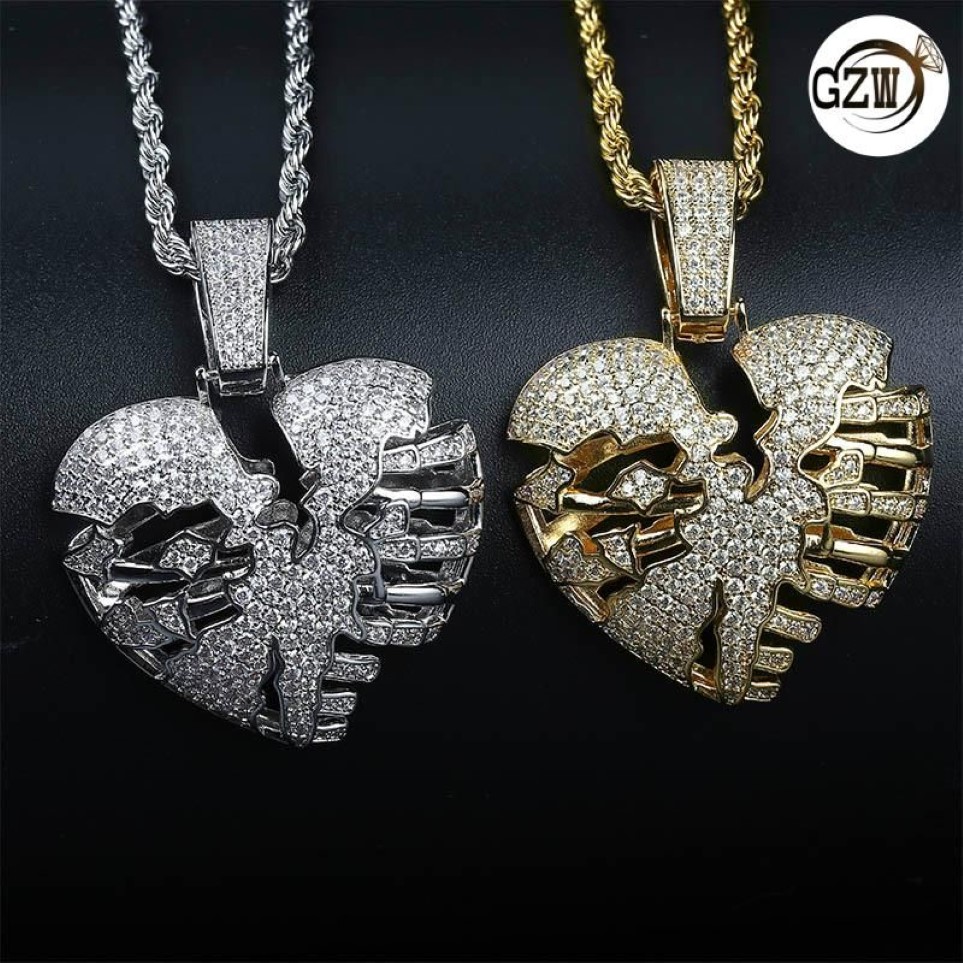 Personnalisé réel 18K or Bling diamant brisé coeur creux hommes pendentif collier glacé cubique zircone amoureux Hip Hop bijoux 240S