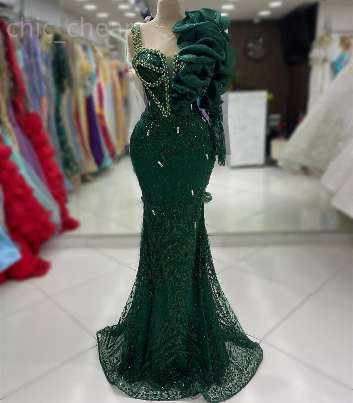 2024 ASO EBI Green foncé Sirène Prom Vobe Crystals Crystals Paille-soirée Lace Soirée Deuxième réception Robes de fiançailles d'anniversaire Robe de Soiree ZJ79