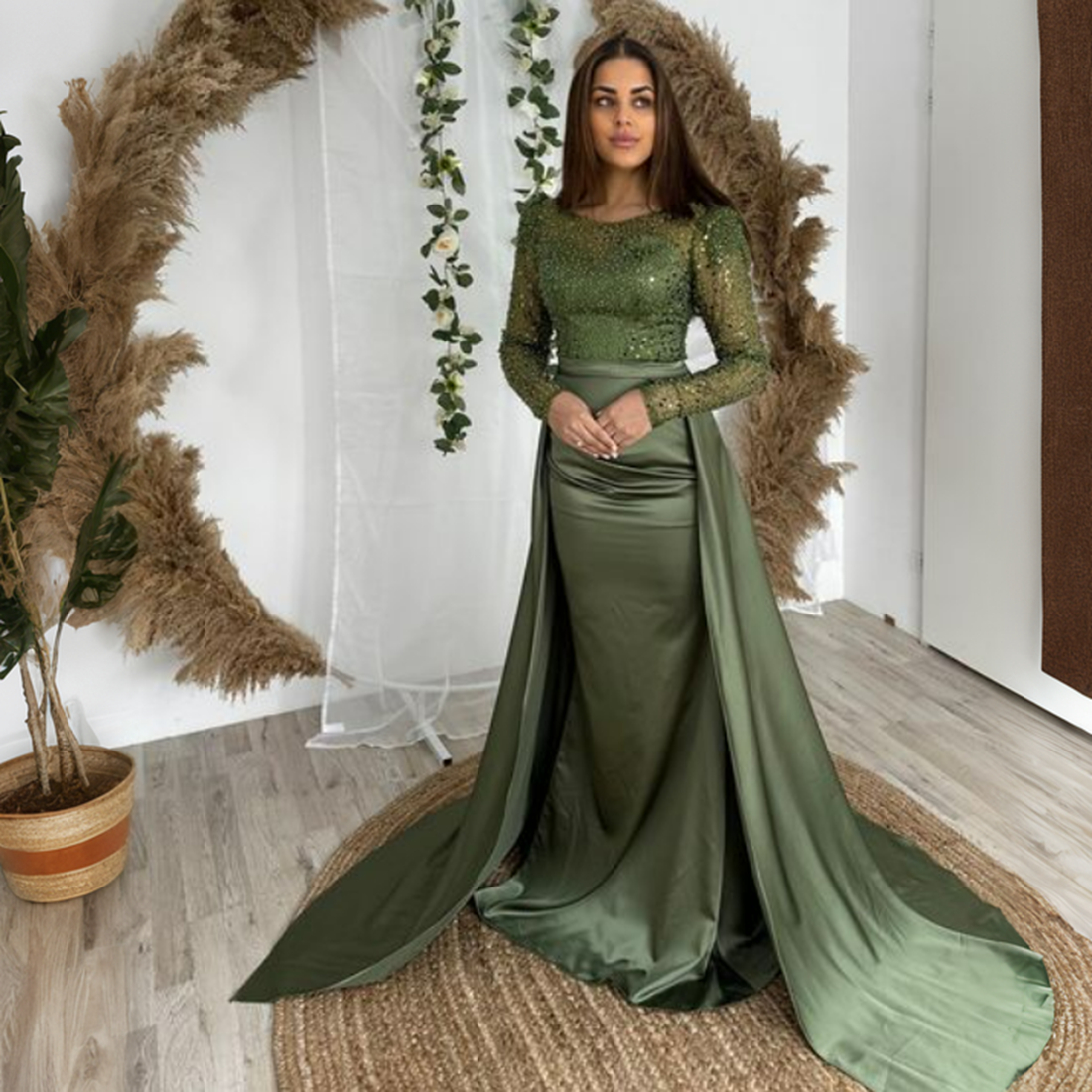 Olive Gorgeous Evening Dresses Elegant Sheer Neck Evening Gowns Long Sleeves Sequined Lace Elastic Satin Pleated Formal Prom Dress Birthday Party Gown NE007