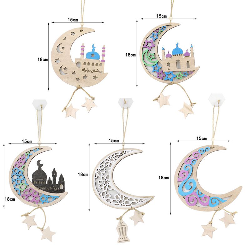 Ornements en bois pour Ramadan, 18cm, fête musulmane islamique, signe suspendu en forme de lune, décoration de jardin, cadeau de fête Q938
