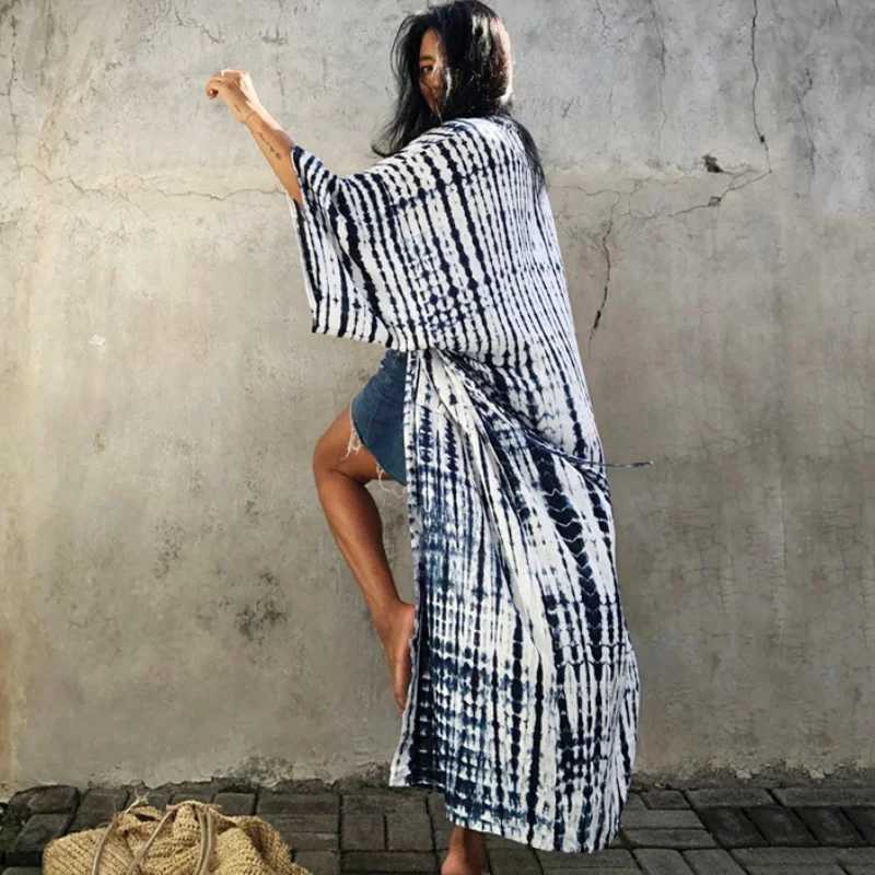 Basic Casual Dresses FORERUN kimono cardigan womens summer print loose and elegant waistband Bohemian long skirt beach suit swimsuit top J240130