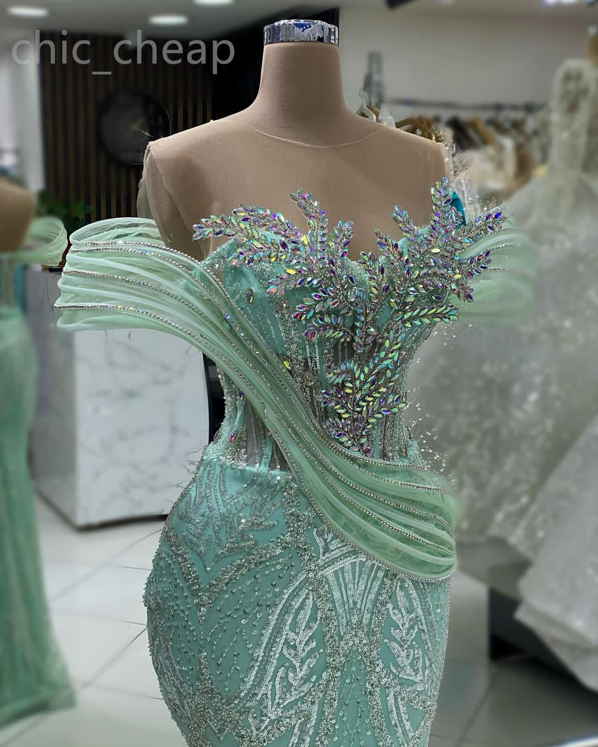 2024 Aso Ebi menta sirena abito da ballo con perline cristalli paillettes pizzo da sera festa formale secondo ricevimento compleanno abiti di fidanzamento abiti Robe De Soiree ZJ78