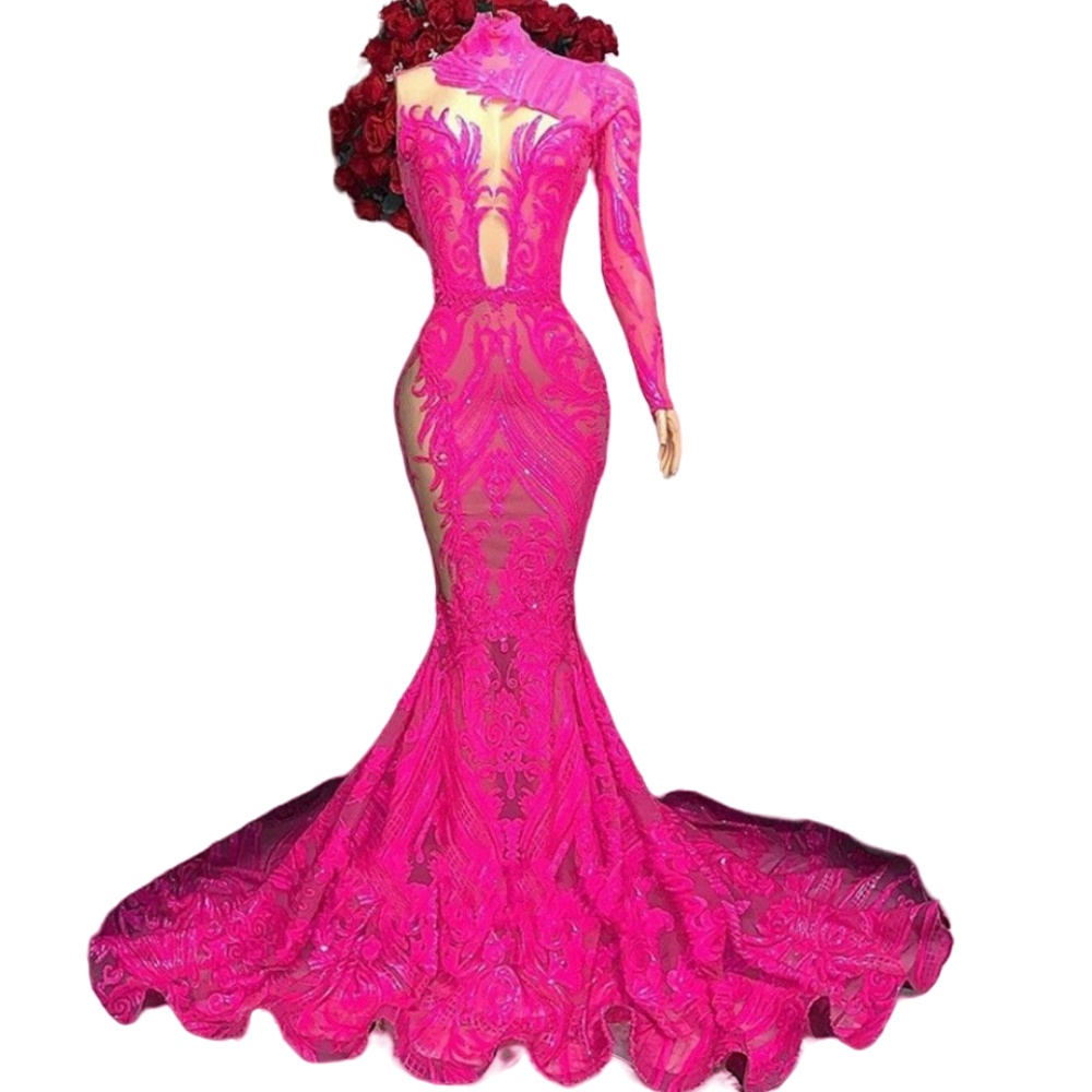 2024 Sexy Prom Dresses Fuchsia Sequined Lace High Neck Mermaid One Shoulder Long Sleeves Sheer Illusion Sequins African Plus Size Floor Length Evening Gowns