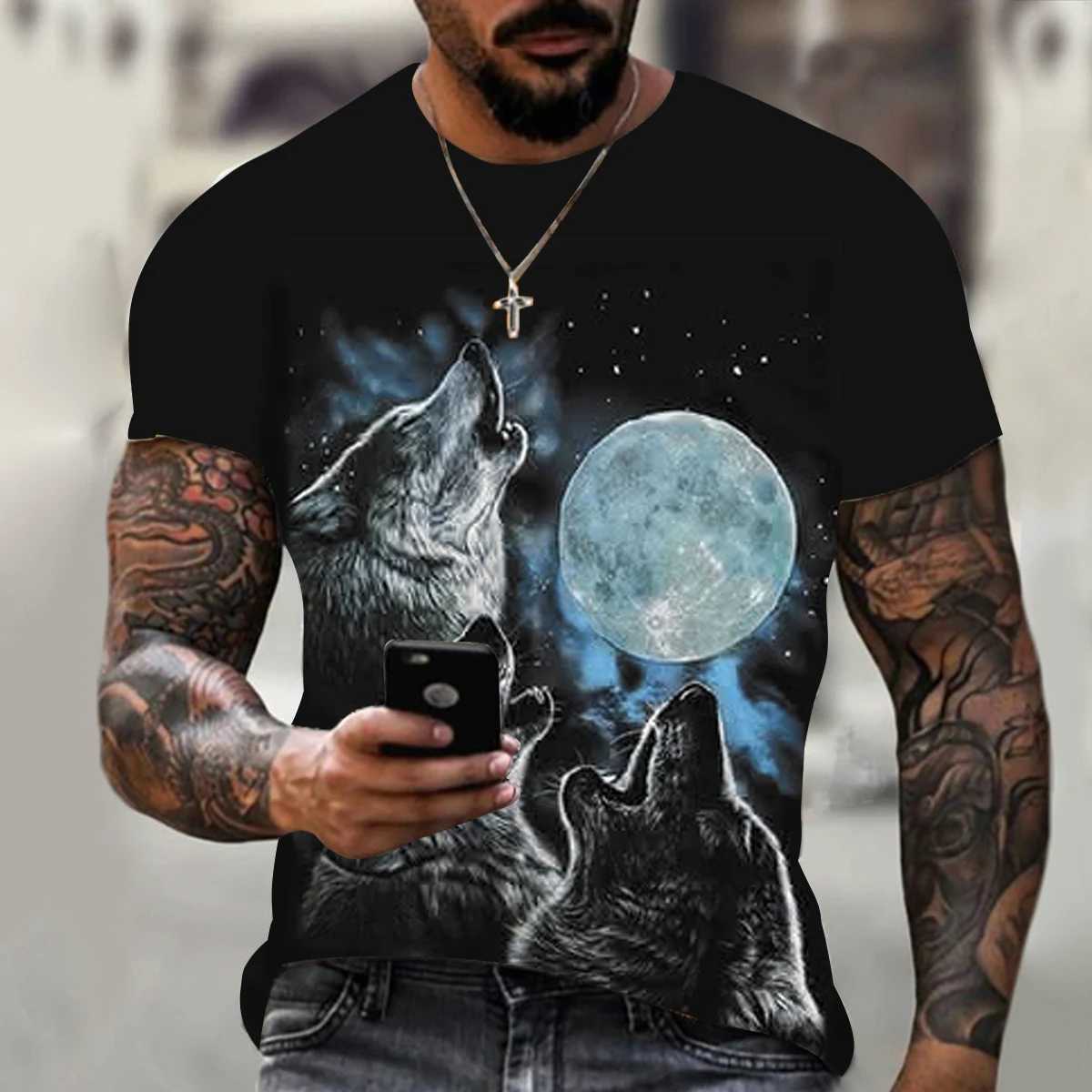 T-shirts pour hommes Animal Wolf T-shirt pour hommes 3D imprimé été noir col rond lâche manches courtes streetwear surdimensionné t-shirts hauts décontractés t-shirts