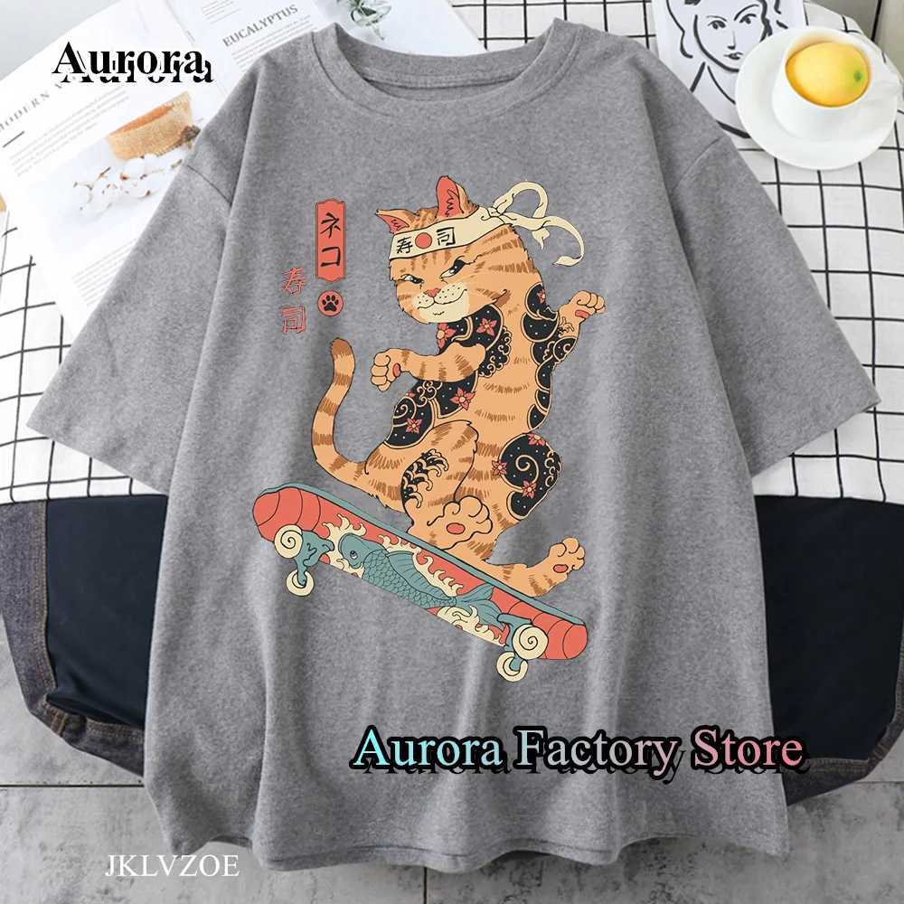 Men's T-Shirts New Men Summer Skateboard Sushi Cat T-Shirt Casual Short Sleeve Cotton Clothing Women Fashion Tops Tees Male Harajuku Streetwear