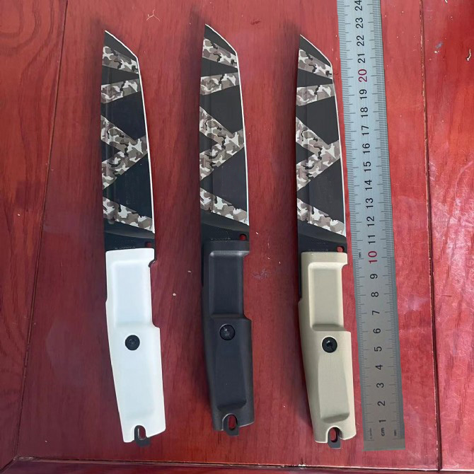 New T4000S Survival Straight Knife N690 Titanium Coating Tiger Pattern Tanto Blade Full Tang Rubber Plastic Handle Fixed Blade Knives with Kydex