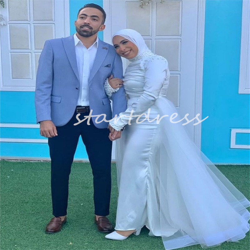 Elegant Saudi Arabic Mermaid Wedding Dress With Overskirt High Neck Muslim Dubai Pearls Bridal Gowns Long Sleeve Country Turkey Bride Robe De Mariee Chic Bride 2024