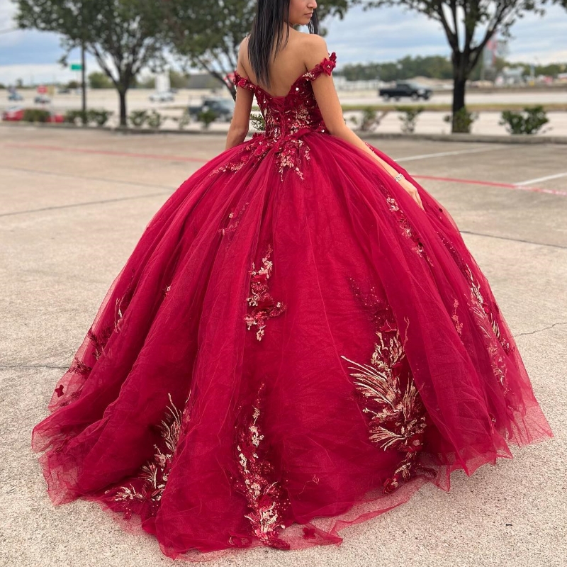 Luxo vermelho fora do ombro vestidos quinceanera contas apliques flores artesanais princesa vestidos de baile doce 15 festa wear