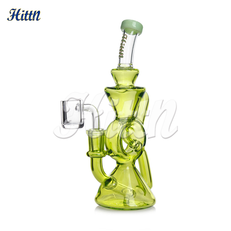 Hittn Hookahs Recycler Bong Glass Dab Rig Recycler 8インチの水道パイプ付き14mmクォーツバンガーアクセサリーグリーンピンクパープルブルー