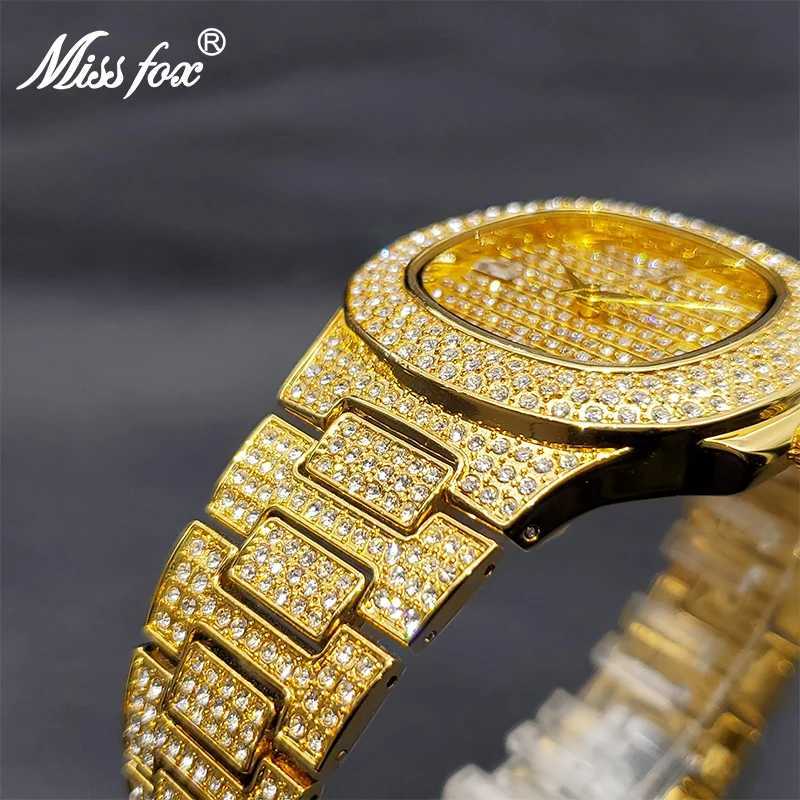 Andere horloges Missfox Gouden Horloges Voor Heren Klassiek Vierkant Hiphop Trend Herenhorloge Luxe Stijlvolle Diamanten Klok Met Kalender Dropshipping J240131