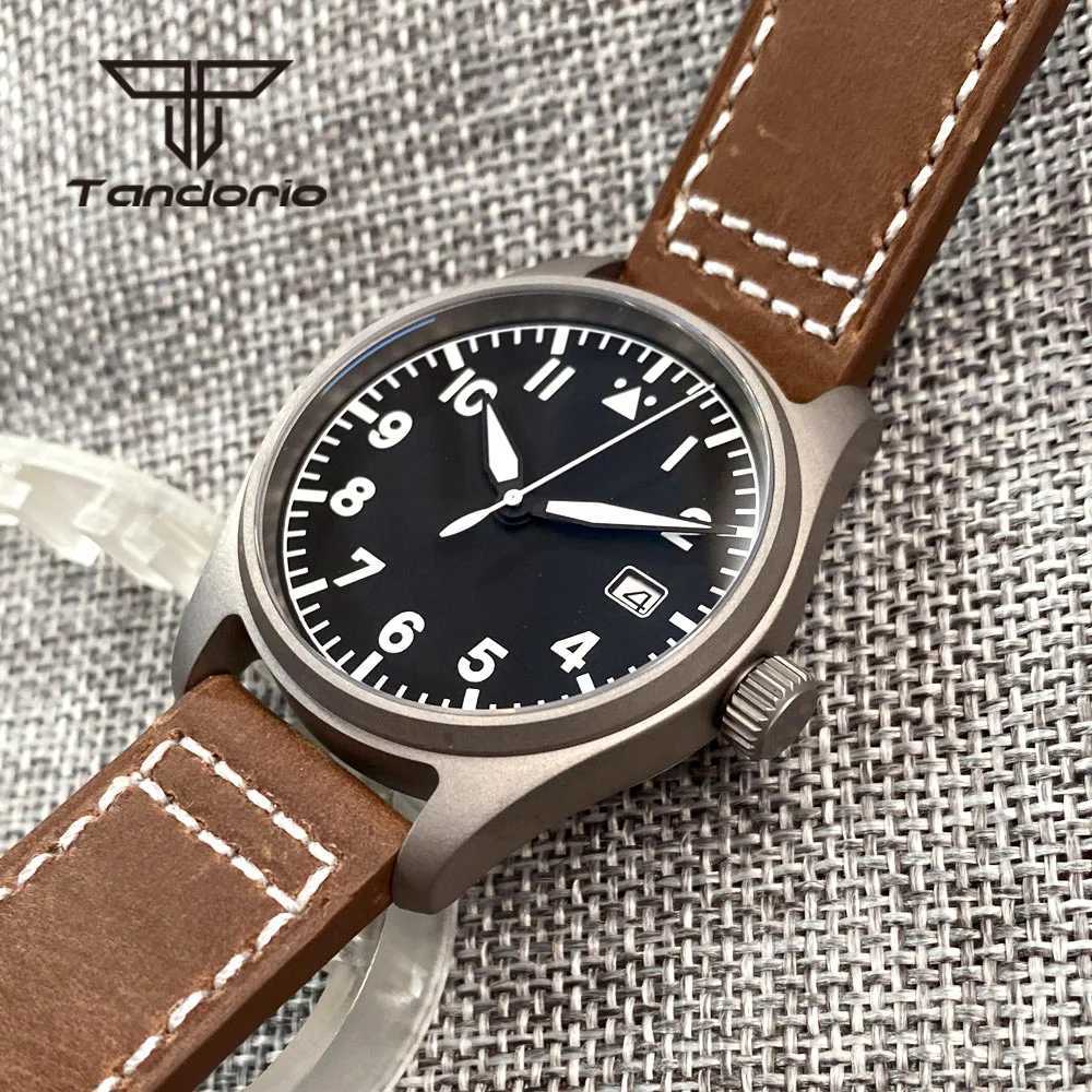 Other Watches Tandorio Titanium 39mm Pilot NH35A 20bar Dive Mens Automatic Watch Aviator Dial Date Sapphire Glass Screw Crown Green Luminous J240131