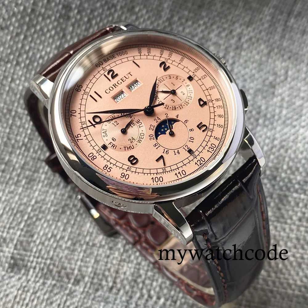 Other Watches Corgeut 42mm Pink/Blue/White/Black Polished Multifuctional Automatic Mens Wristwatch Date Week Month Year Display Leather Strap J240131