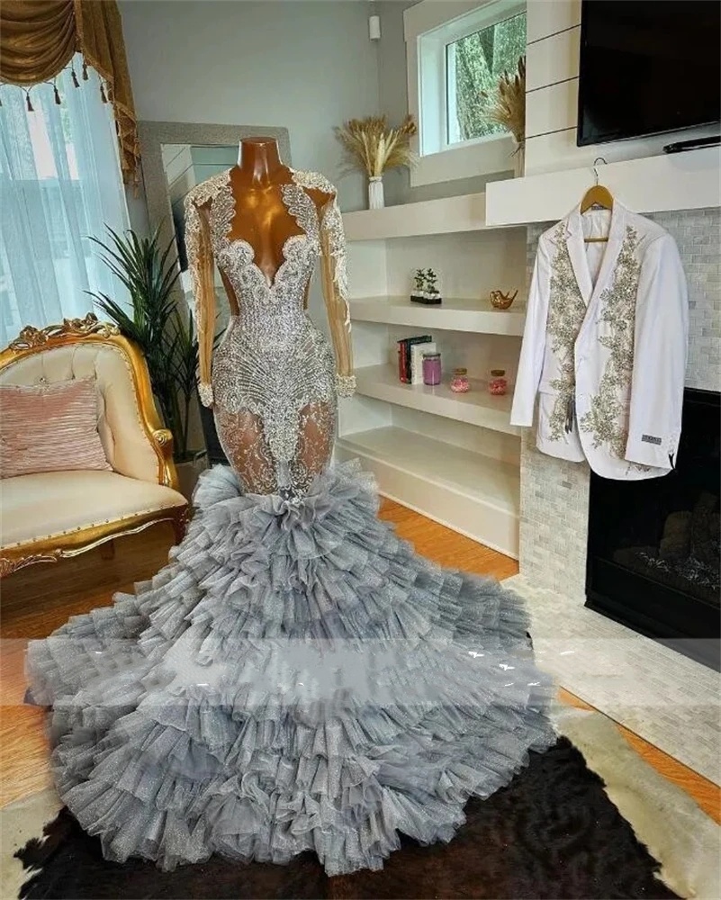 Silver O Neck Long Prom Dress For Black Girls Beaded Crystal Birthday Party Gowns Applique Formal Gown Ruffle Tiered Robe De Bal