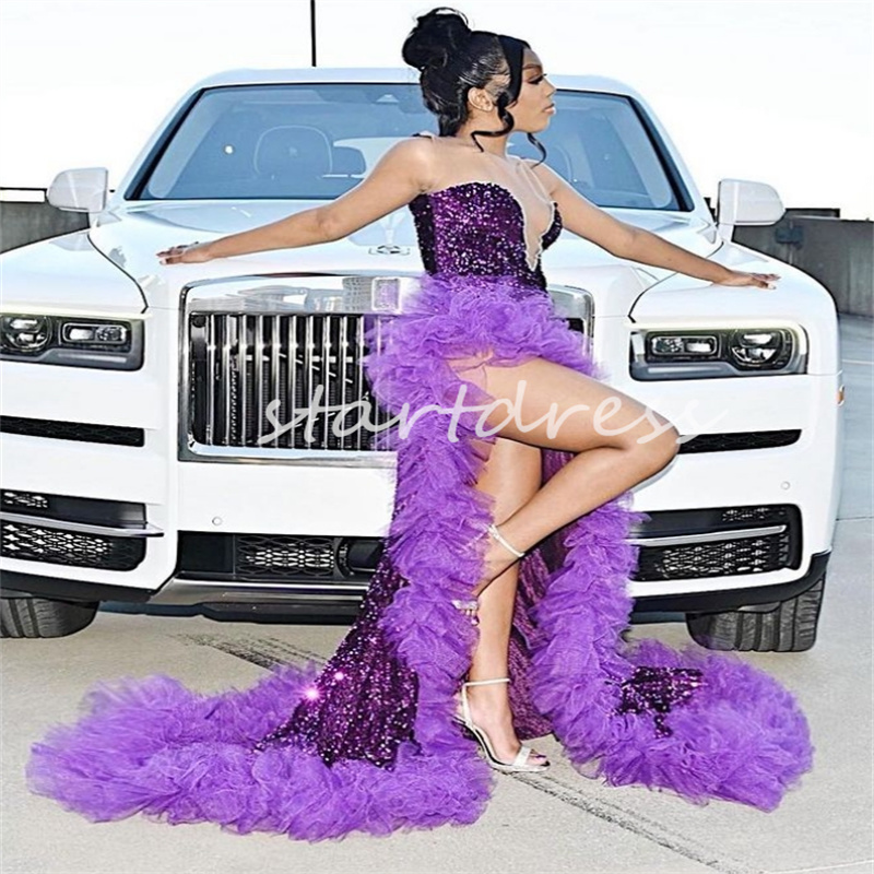 Luxury Purple Paljett Prom Dress for Black Girls Sexig High Slitt Ruffles Sparkly Mermaid aftonklänningar 2024 Formell födelsedagsklänning Gorgeous Vestios de Gala Robe Soiree