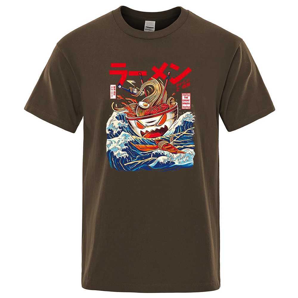Erkek Tişörtleri Komik Büyük Ramen Kapalı Kanagawa Mens T Shirt Moda 100% Pamuk Yaz T-Shirt Hip Hop Harajuku Büyük boy gevşek Erkekler Tee Giysileri