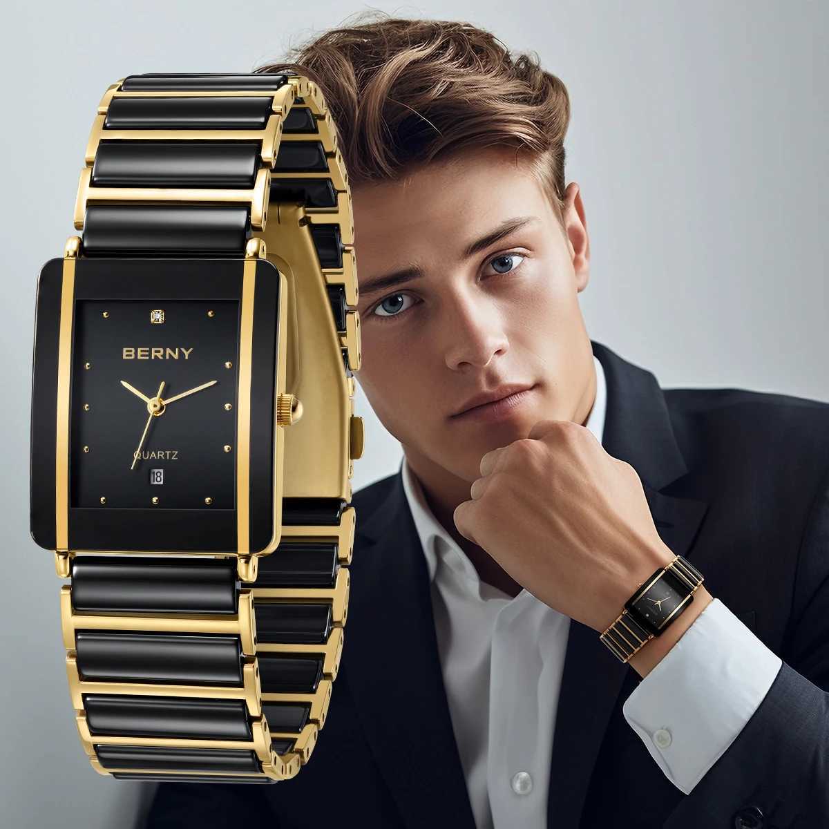 Andere Uhren Berny Keramik Quarz Herrenuhr Mode Luxus Rechteckige Uhr Berny XV12 Wasserdichter Kalender Diamant Schwarz Gold Paaruhr J240131