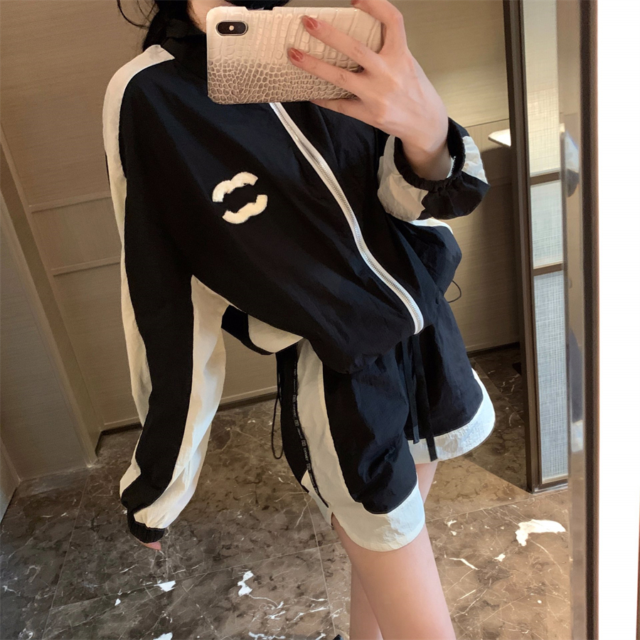 Women's Tracksuits classic minimalist basic light luxury nylon jacket shorts spring and autumn black and white contrasting letter print loose casual