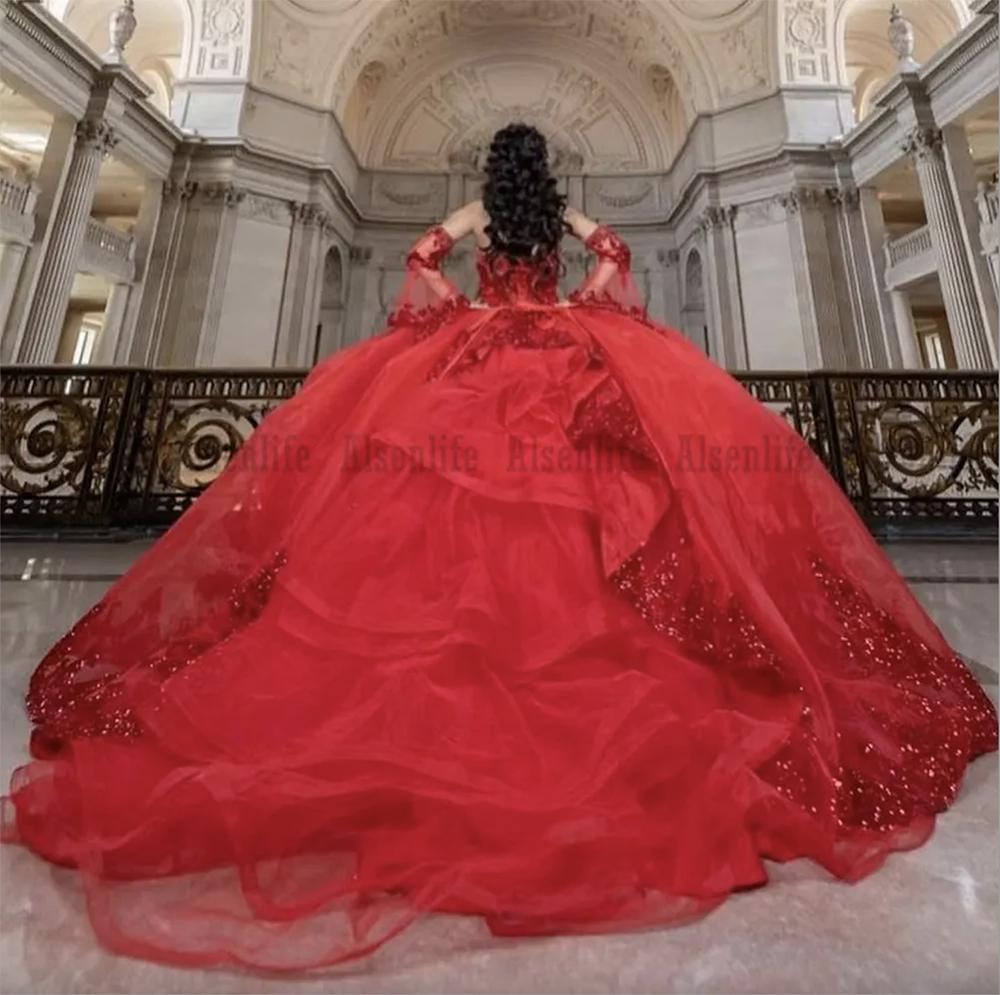 Red Sparkly Quinceanera Dresses With Removable Sleeves Vestido De 15 Anos Ball Gown Mexican Girls Sweet 16 Birthday Party Dress