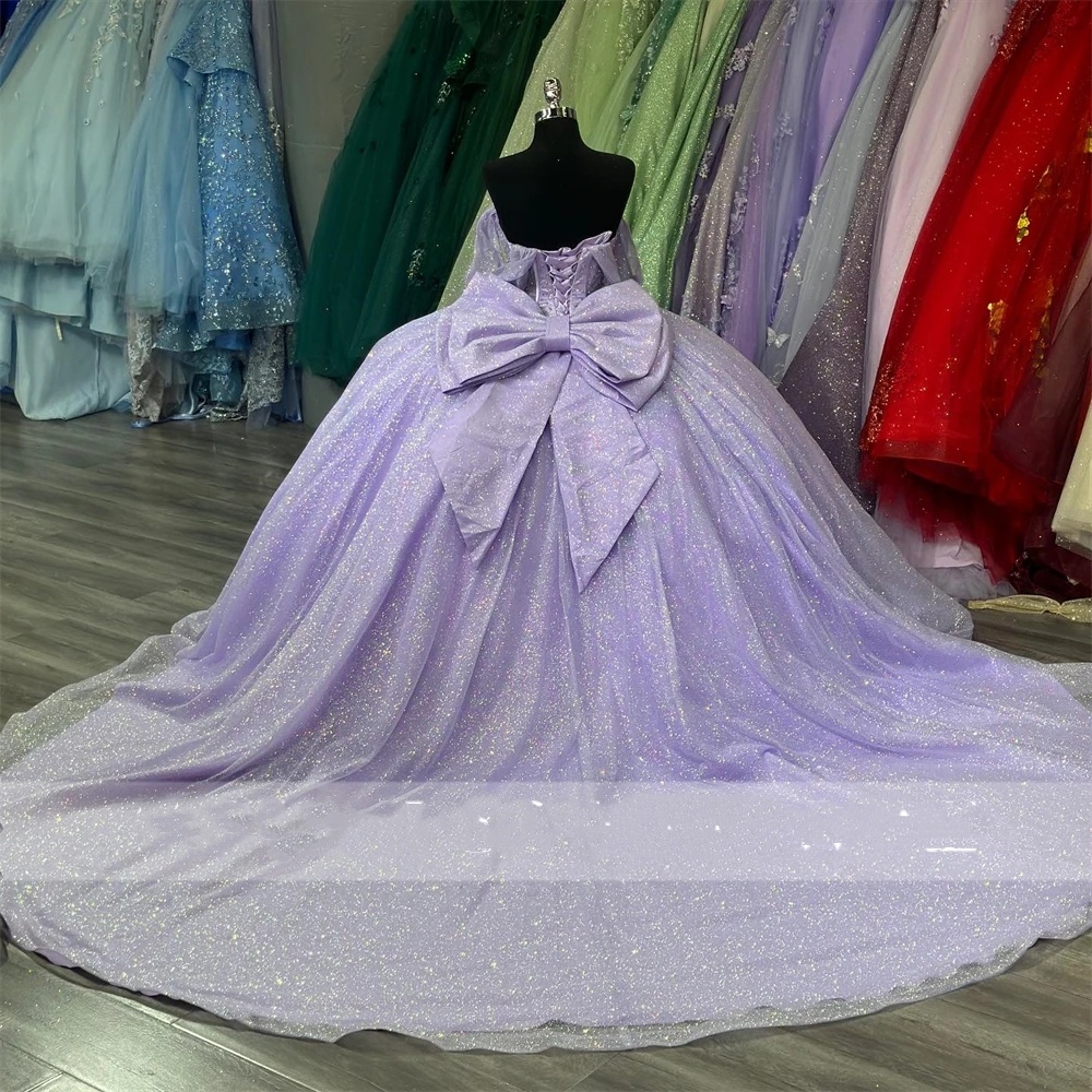 Mexico Purple Off The Shoulder Ball Gown Quinceanera Dress For Girls Ball Beaded Crystal Birthday Party Gowns Bow Robe De Bal