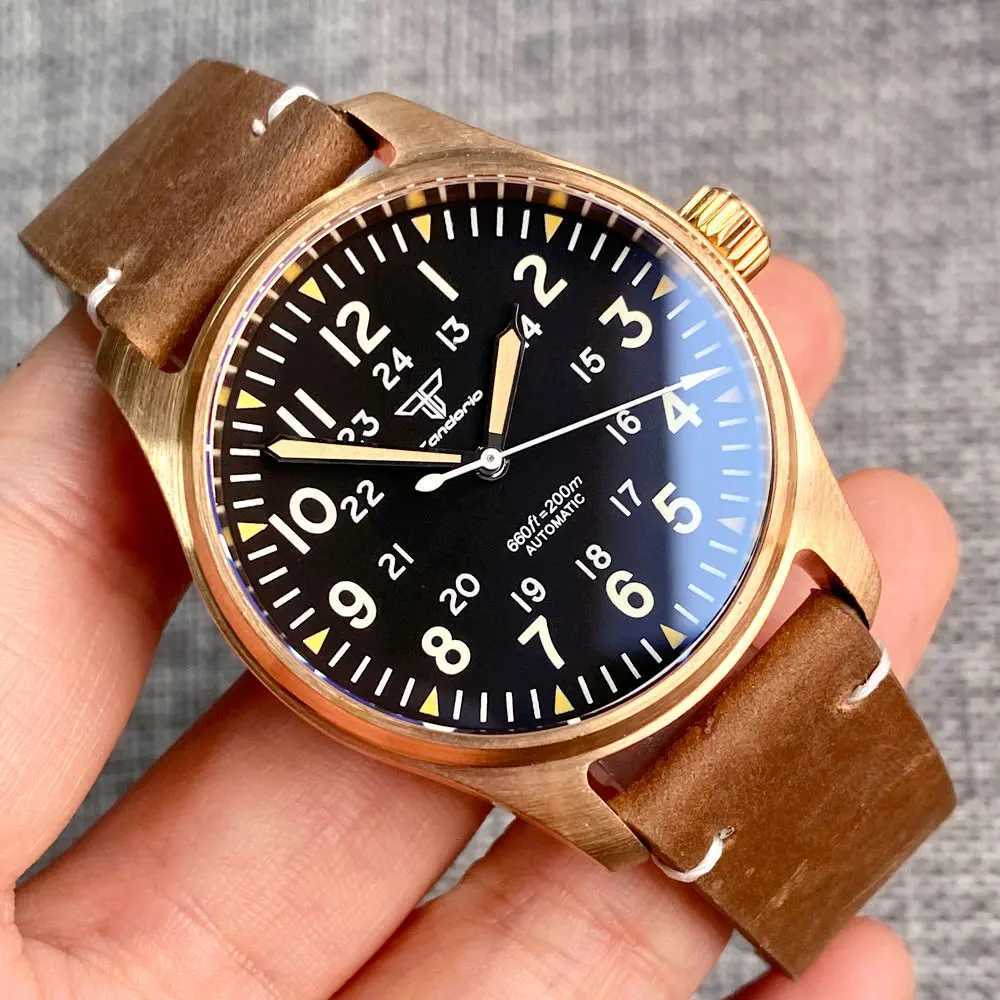 Autres montres Tandorio Retro Pilot Montre automatique pour hommes NH35 200m Montre-bracelet en bronze étanche Vintage Luminous Sapphire Aviator 39mm J240131