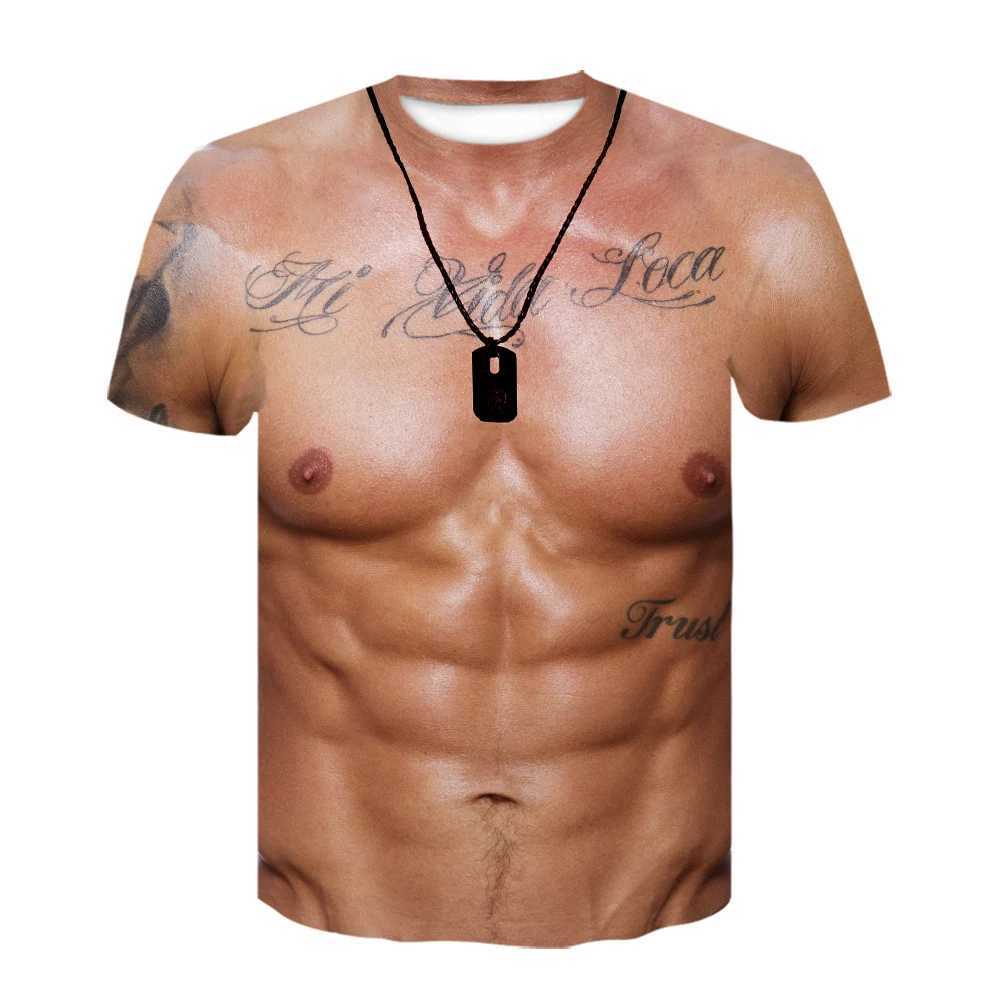 T-shirts hommes 2022 Été drôle 3D Muscle T-shirt Hommes Nouveau Fitness à manches courtes Cool Top Tee Streetwear Cosplay Faux Muscle T-shirt Ventre