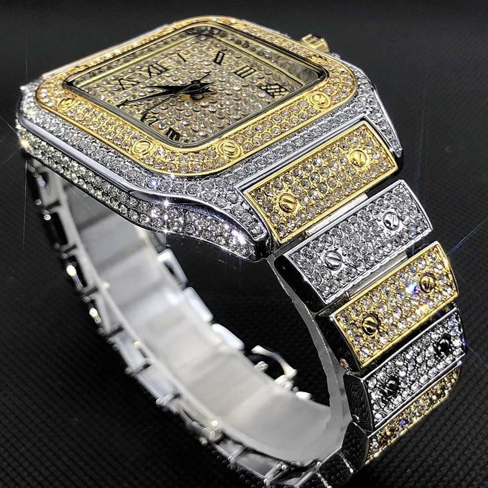 Autres montres MISSFOX Platinum Mens Watch Top Luxury All Diamond Square Quartz Mens Watch Hip Hop Ice Out Montre étanche Cadeau 2021 J240131