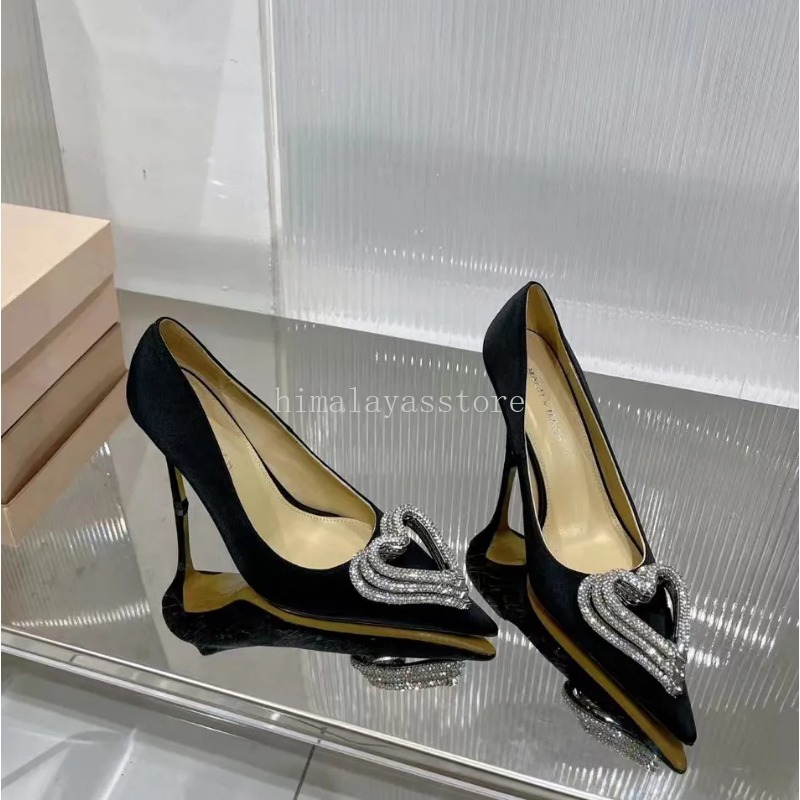 Fashion Pump Shoes Women 9.5cm High Heel Designer Dress Shoe Satin Heart Shape Rhinestone Decorative Bowknot Pointed Toes Classic Party Wedding Shoes