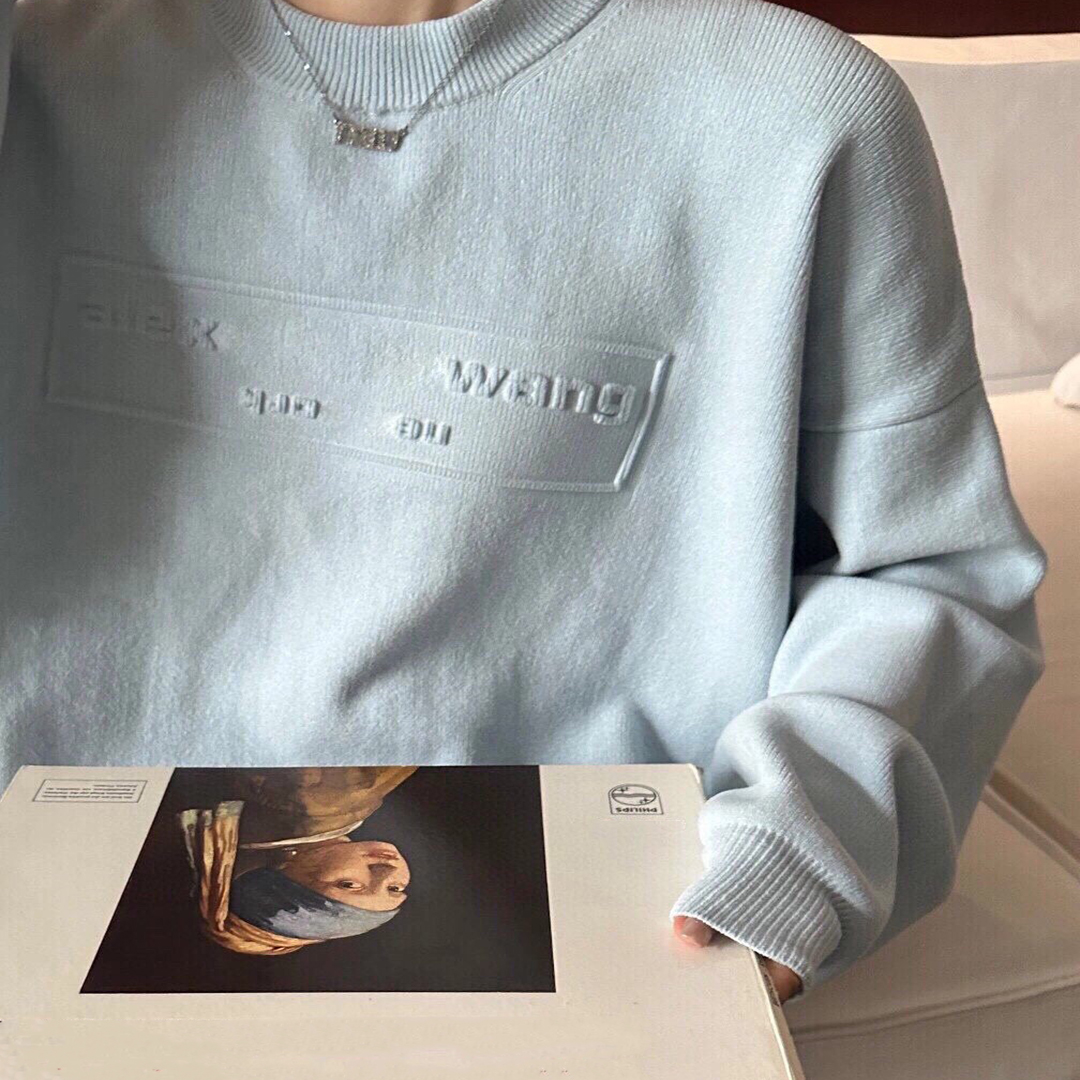 Designer kvinnors tröja präglade bokstäver logotyp himmel blå vit lös rund hals huva tröja unisex