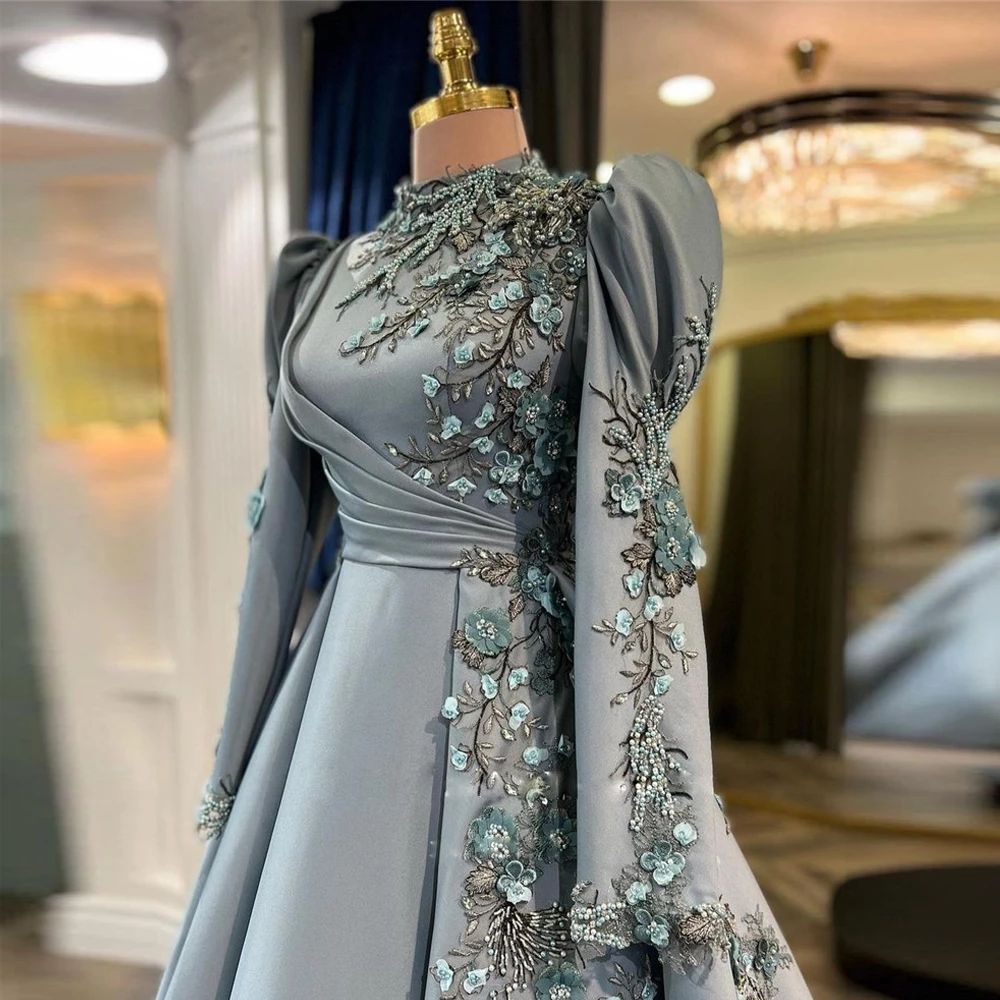 2024 Sexy Evening Dresses Wear High Neck Muslim Long Sleeves Gray Lace Appliques Flowers Crystal Ball Gown Satin Prom Dress Party Pageant Formal Gowns Floor Length