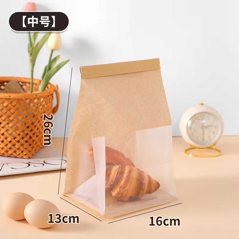 Kraft Paper Baking Cake Food Packaging Bags Transparent Window Display PET Plastic Moisture-Proof Sealing Pouch For Bread Toast Hamburger Cookies Snack Storage