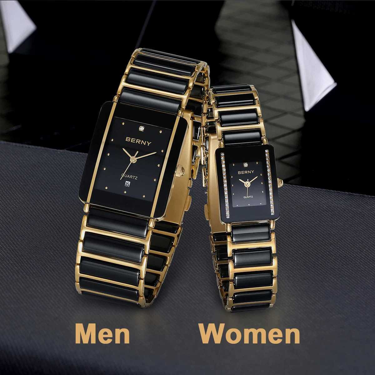 Autres montres Berny Céramique Quartz Montre Pour Hommes De Mode De Luxe Montre Rectangulaire Berny XV12 Calendrier Étanche Diamant Noir Or Couple Montre J240131