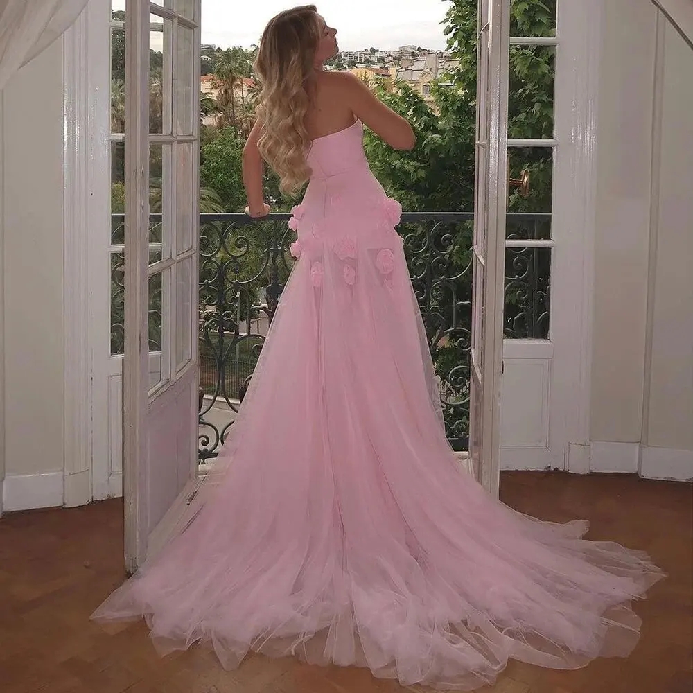 Blush Pink Pretty 3D Flowers Evening Dresses For Women Strapless Sexy High Split Vestidos Second Reception Party Gowns Mermaid Tulle Skirt Formal Prom Dress CL3270