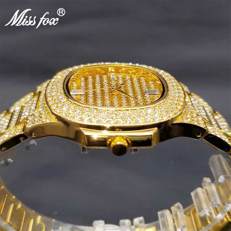 Andere horloges Missfox Gouden Horloges Voor Heren Klassiek Vierkant Hiphop Trend Herenhorloge Luxe Stijlvolle Diamanten Klok Met Kalender Dropshipping J240131